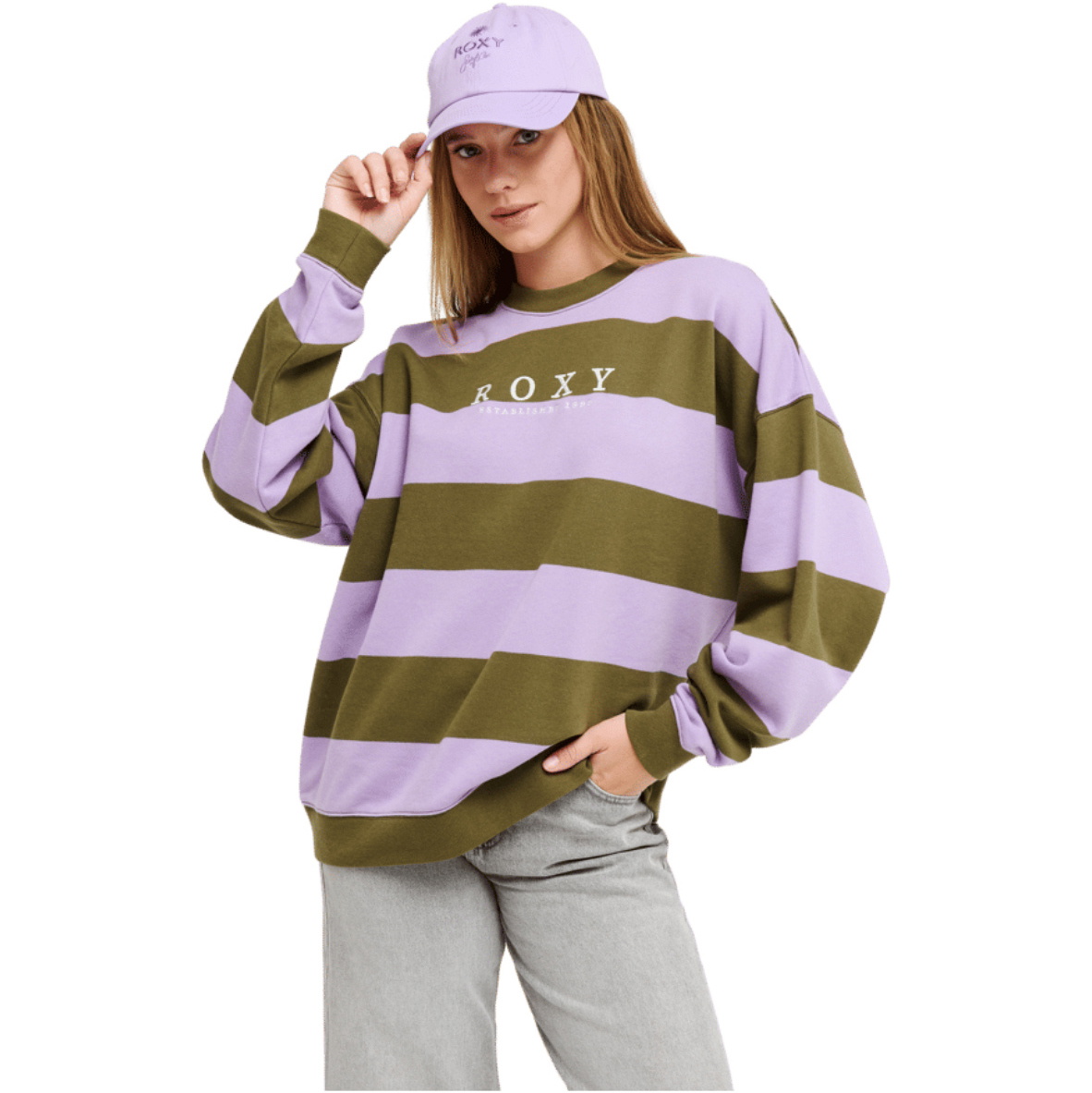 2026 Roxy Womens Strictly Stripes Oversized Sweatshirt ERJFT05071 - Winter Moss Stricty Striipe